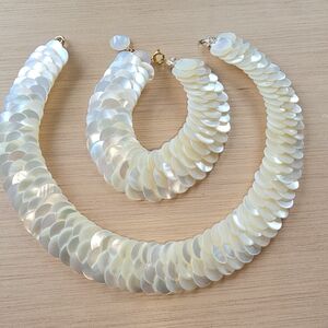 Vintage Mermaid Scales Necklace Bracelet Mother of Pearl Braided Woven